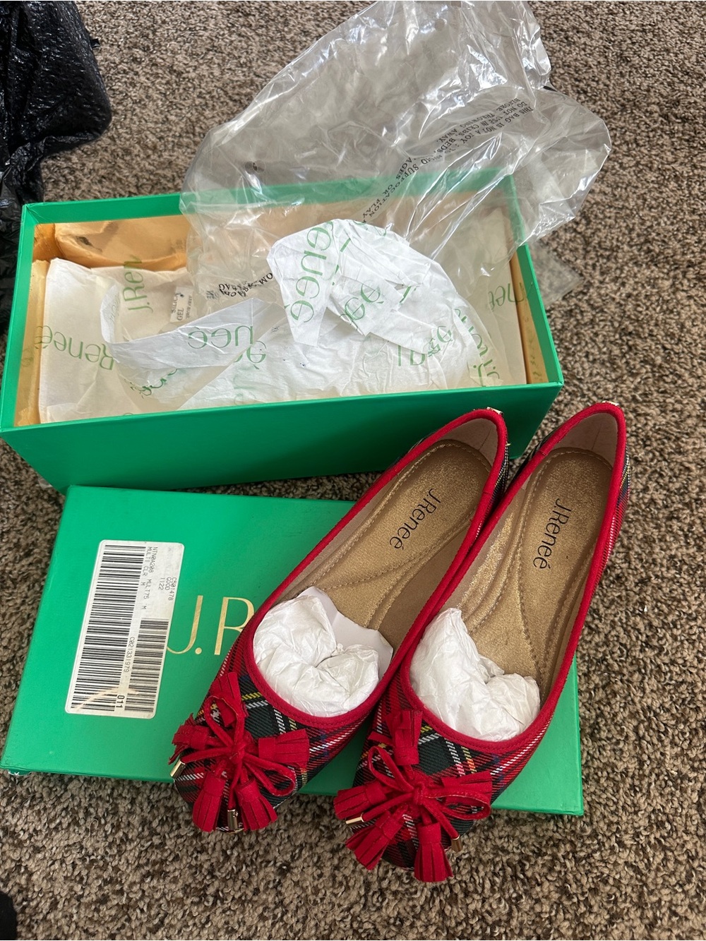 J.Renee Red and Black Plaid Tassel Ballet Flats